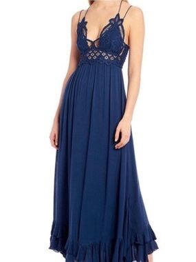 Free People - Adella Maxi Slip Dress - Navy Blue - Size Large